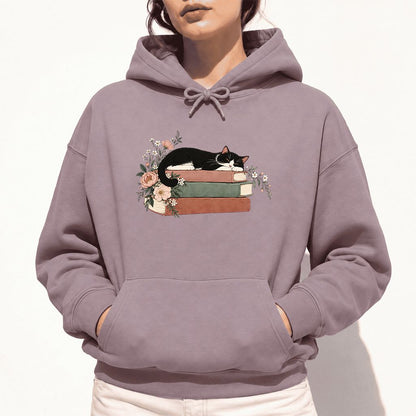 Sleeping Tuxedo Cat On Books Softstyle Hoodie | Cat Lover Reader Gift Paragon