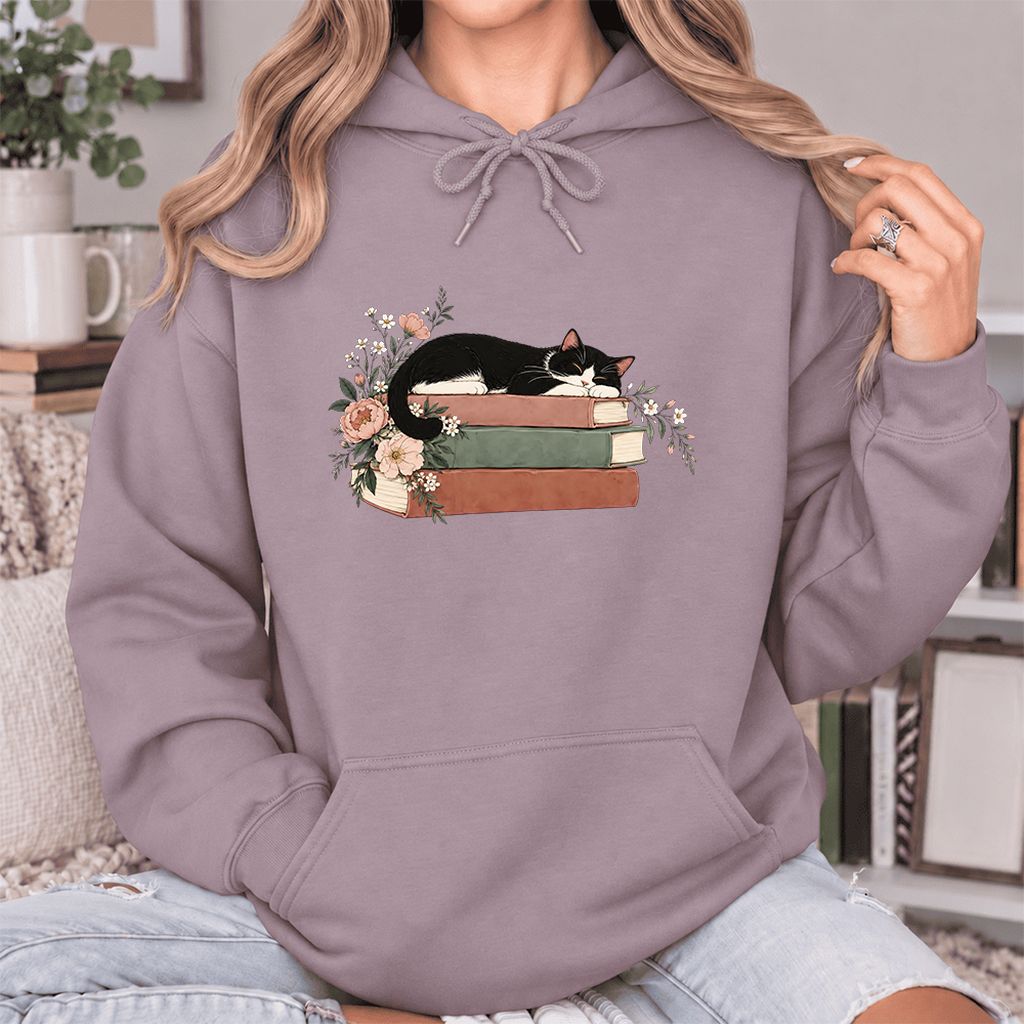 Sleeping Tuxedo Cat On Books Softstyle Hoodie | Cat Lover Reader Gift Paragon