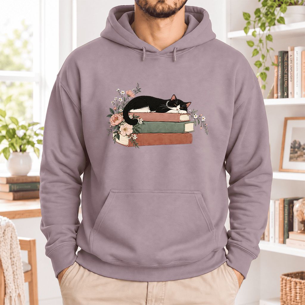 Sleeping Tuxedo Cat On Books Softstyle Hoodie | Cat Lover Reader Gift Paragon