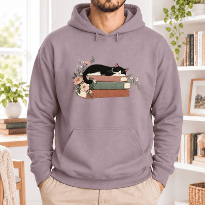 Sleeping Tuxedo Cat On Books Softstyle Hoodie | Cat Lover Reader Gift Paragon