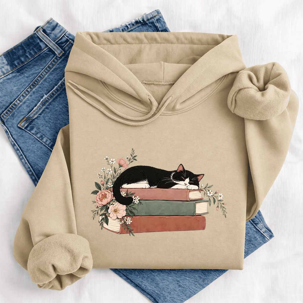 Sleeping Tuxedo Cat On Books Softstyle Hoodie | Cat Lover Reader Gift Sand