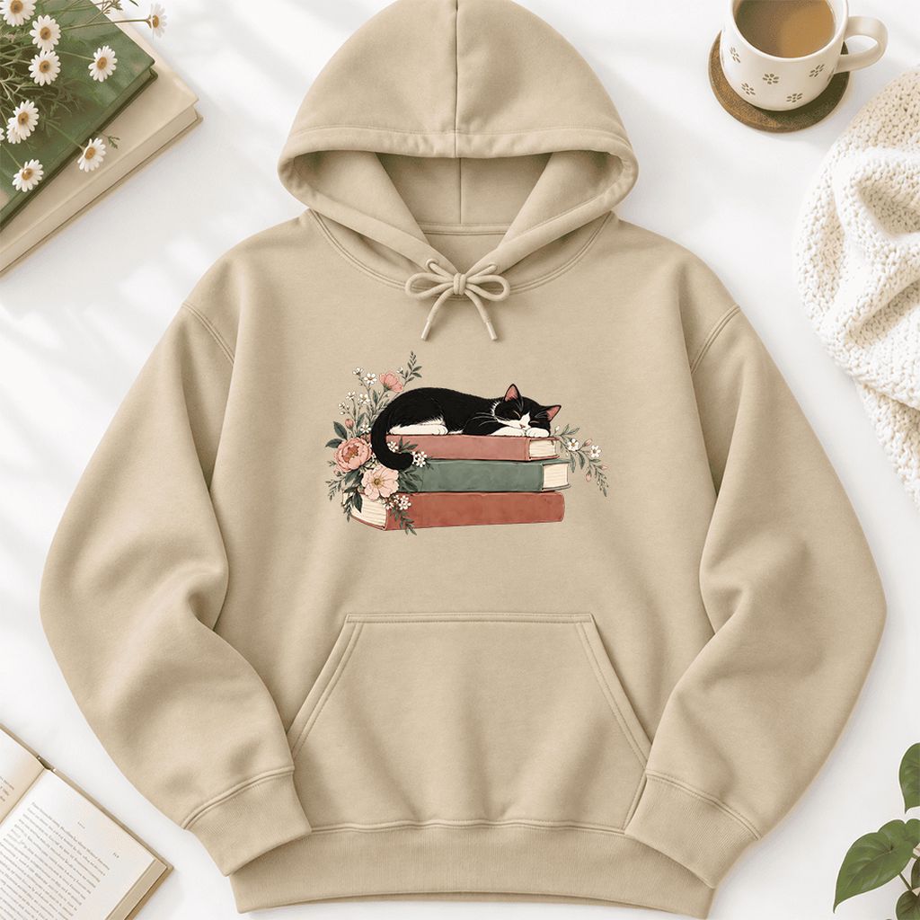 Sleeping Tuxedo Cat On Books Softstyle Hoodie | Cat Lover Reader Gift Sand
