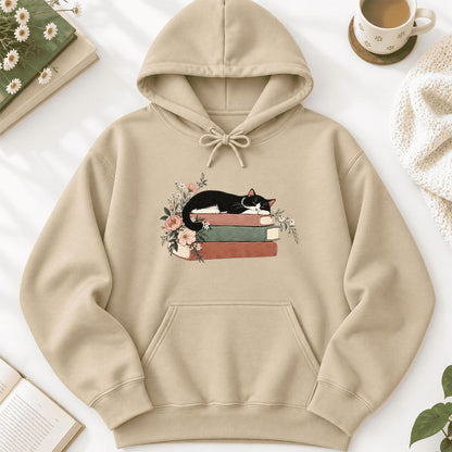 Sleeping Tuxedo Cat On Books Softstyle Hoodie | Cat Lover Reader Gift Sand
