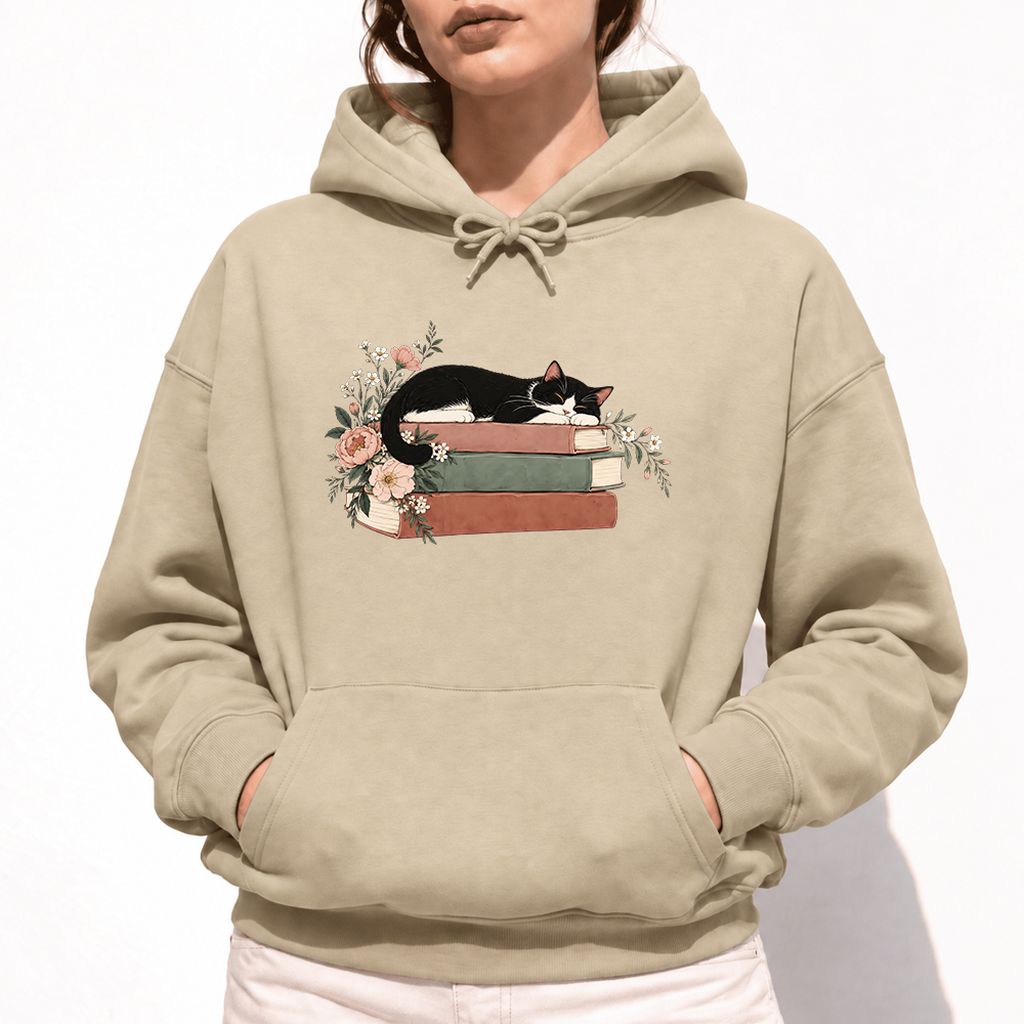Sleeping Tuxedo Cat On Books Softstyle Hoodie | Cat Lover Reader Gift Sand