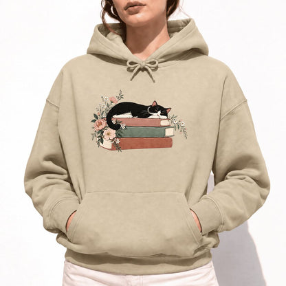 Sleeping Tuxedo Cat On Books Softstyle Hoodie | Cat Lover Reader Gift Sand