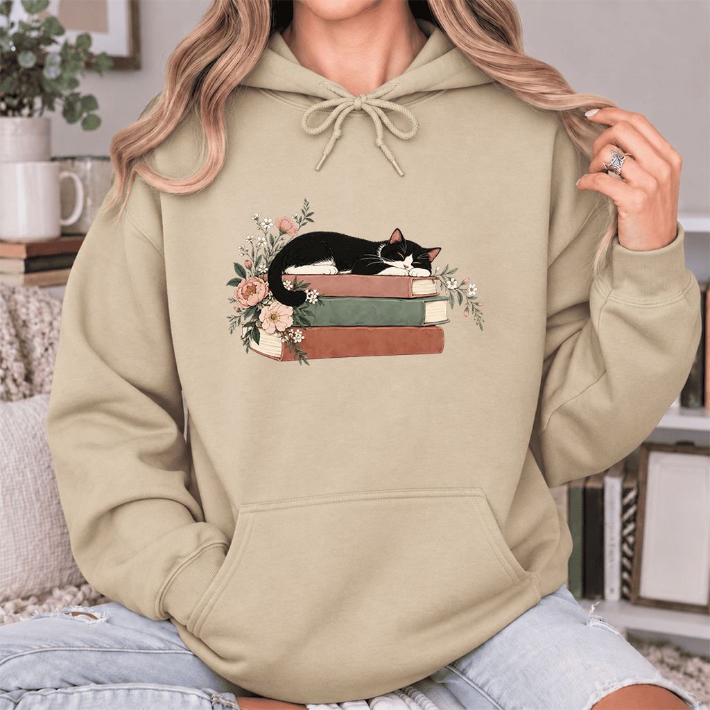 Sleeping Tuxedo Cat On Books Softstyle Hoodie | Cat Lover Reader Gift Sand