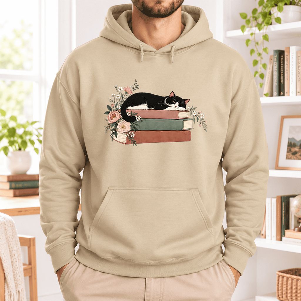 Sleeping Tuxedo Cat On Books Softstyle Hoodie | Cat Lover Reader Gift Sand