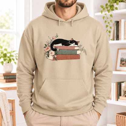 Sleeping Tuxedo Cat On Books Softstyle Hoodie | Cat Lover Reader Gift Sand