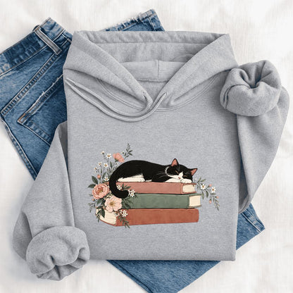 Sleeping Tuxedo Cat On Books Softstyle Hoodie | Cat Lover Reader Gift Sport Grey