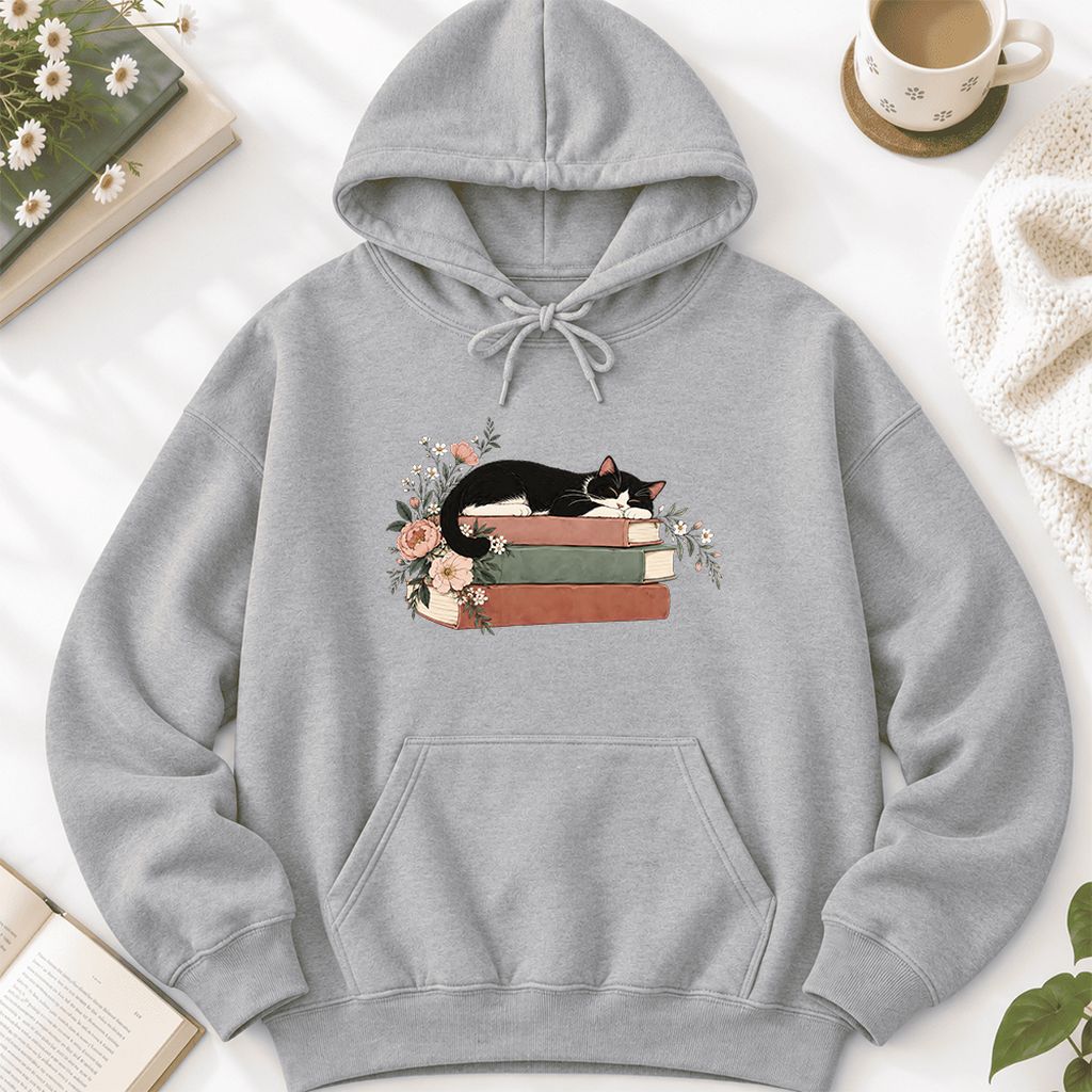 Sleeping Tuxedo Cat On Books Softstyle Hoodie | Cat Lover Reader Gift Sport Grey