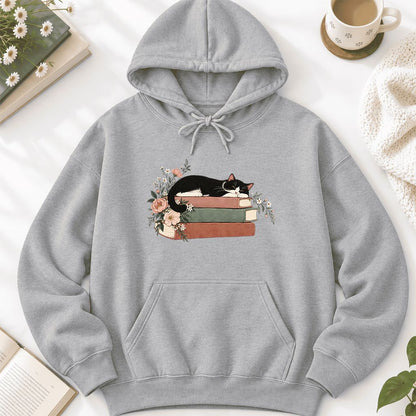 Sleeping Tuxedo Cat On Books Softstyle Hoodie | Cat Lover Reader Gift Sport Grey