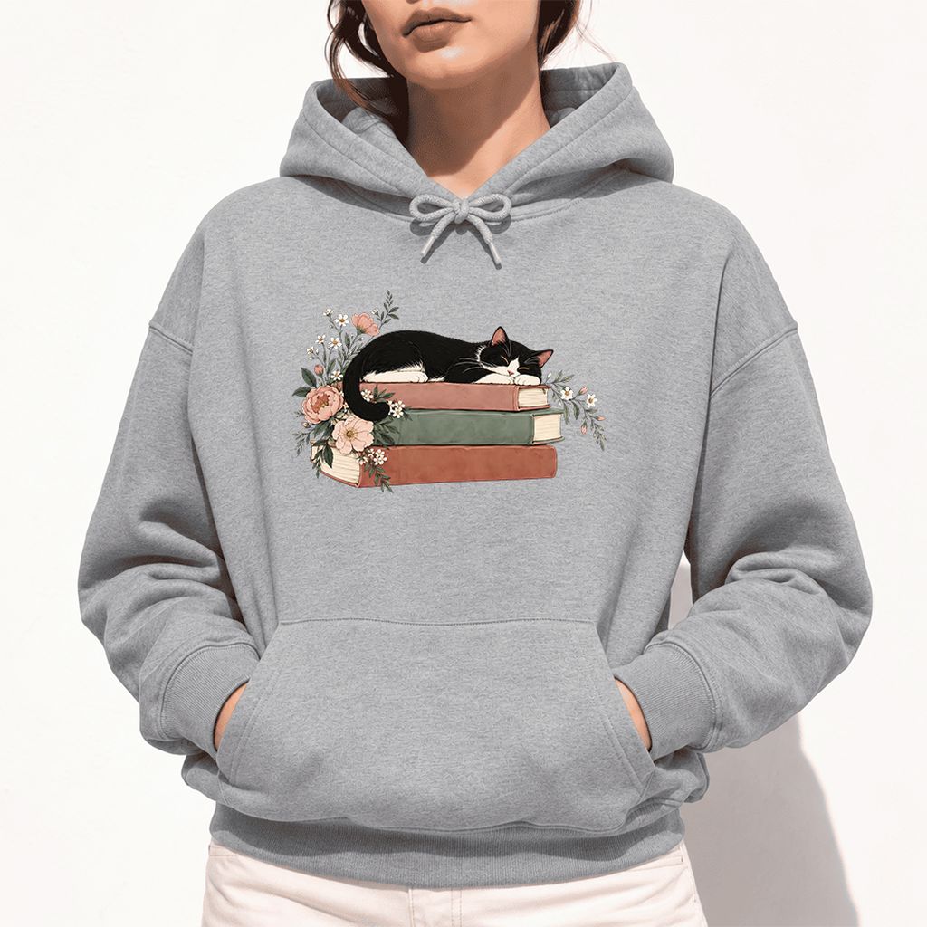 Sleeping Tuxedo Cat On Books Softstyle Hoodie | Cat Lover Reader Gift Sport Grey