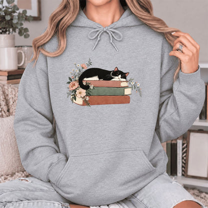 Sleeping Tuxedo Cat On Books Softstyle Hoodie | Cat Lover Reader Gift Sport Grey