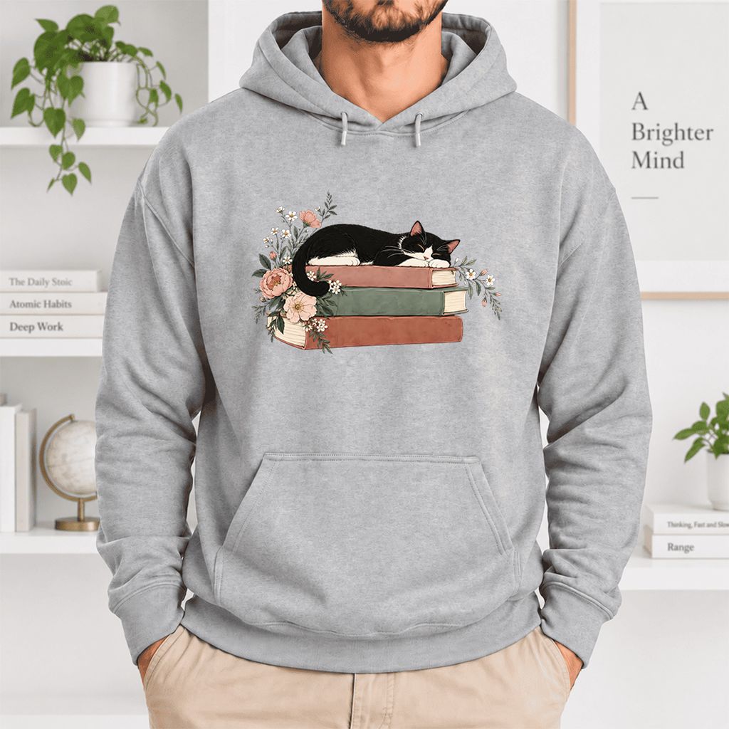 Sleeping Tuxedo Cat On Books Softstyle Hoodie | Cat Lover Reader Gift Sport Grey