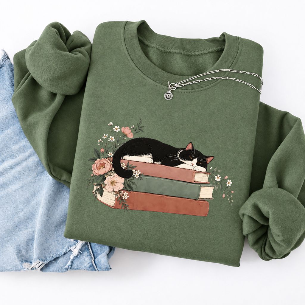 Sleeping Tuxedo Cat On Books Softstyle Sweatshirt | Cat Lover Reader Gift Military Green