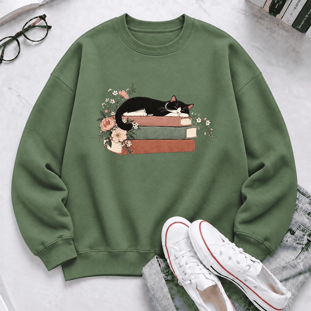 Sleeping Tuxedo Cat On Books Softstyle Sweatshirt | Cat Lover Reader Gift Military Green