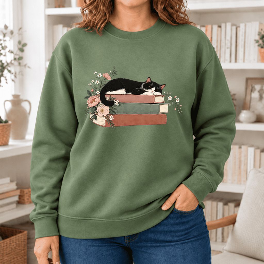 Sleeping Tuxedo Cat On Books Softstyle Sweatshirt | Cat Lover Reader Gift Military Green