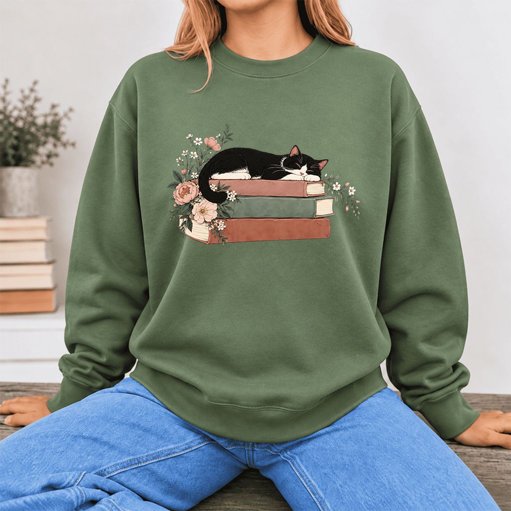 Sleeping Tuxedo Cat On Books Softstyle Sweatshirt | Cat Lover Reader Gift Military Green