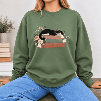 Sleeping Tuxedo Cat On Books Softstyle Sweatshirt | Cat Lover Reader Gift Military Green