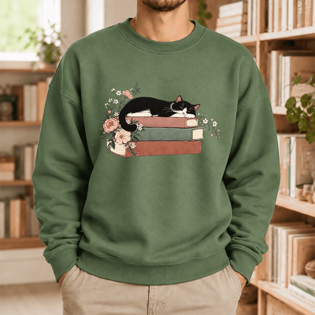Sleeping Tuxedo Cat On Books Softstyle Sweatshirt | Cat Lover Reader Gift Military Green
