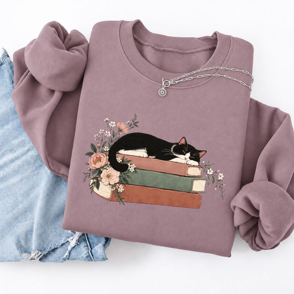 Sleeping Tuxedo Cat On Books Softstyle Sweatshirt | Cat Lover Reader Gift Paragon