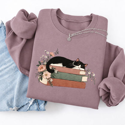 Sleeping Tuxedo Cat On Books Softstyle Sweatshirt | Cat Lover Reader Gift Paragon