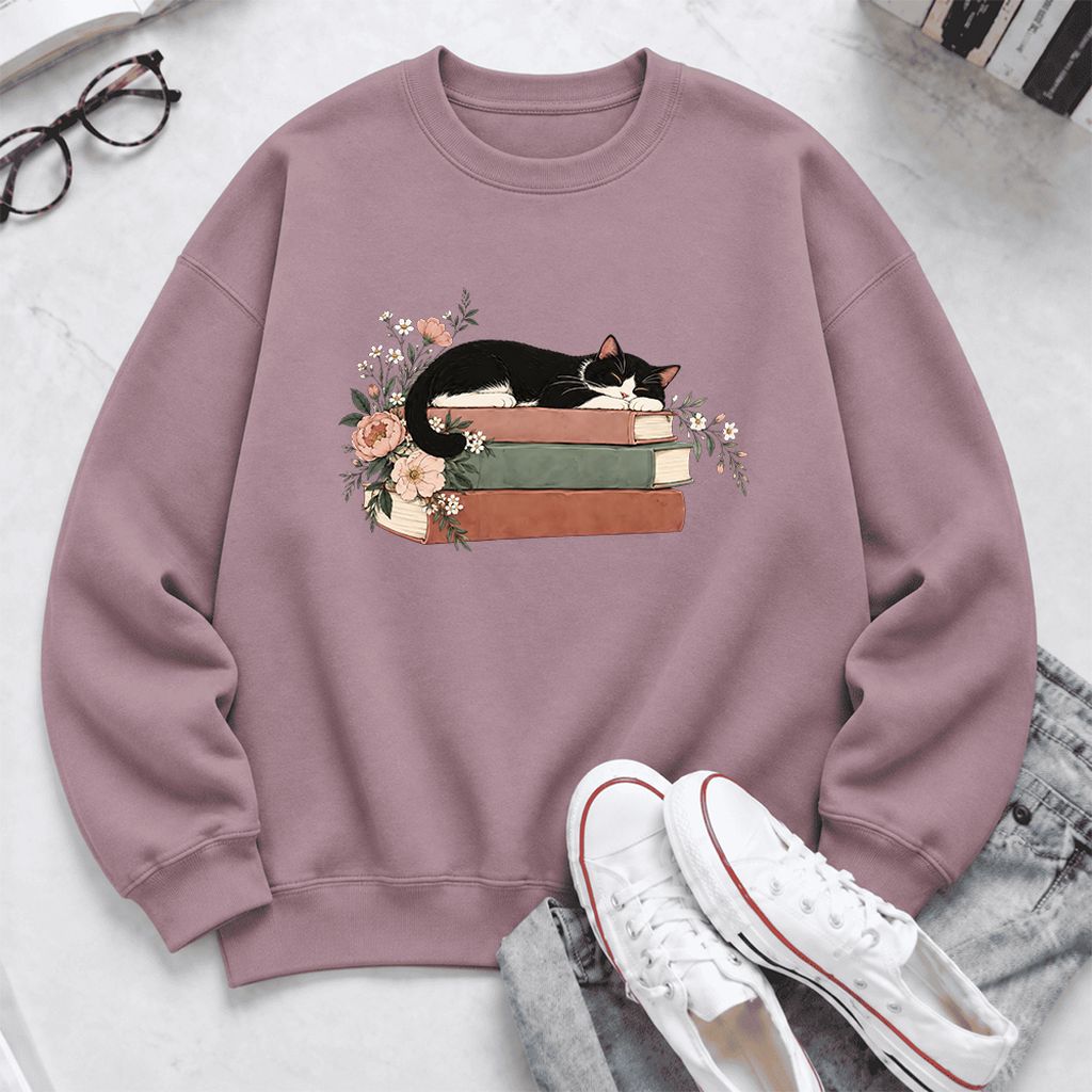 Sleeping Tuxedo Cat On Books Softstyle Sweatshirt | Cat Lover Reader Gift Paragon