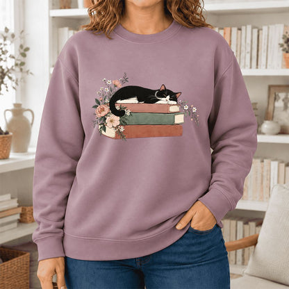 Sleeping Tuxedo Cat On Books Softstyle Sweatshirt | Cat Lover Reader Gift Paragon