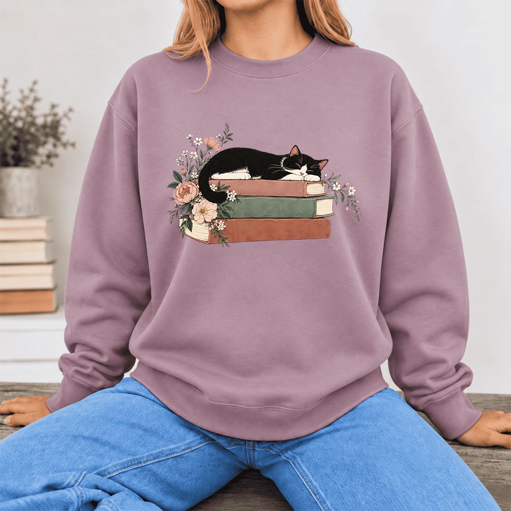 Sleeping Tuxedo Cat On Books Softstyle Sweatshirt | Cat Lover Reader Gift Paragon