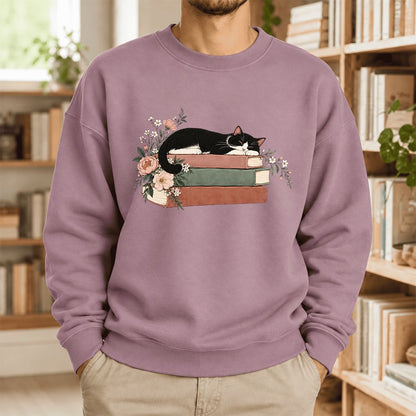 Sleeping Tuxedo Cat On Books Softstyle Sweatshirt | Cat Lover Reader Gift Paragon