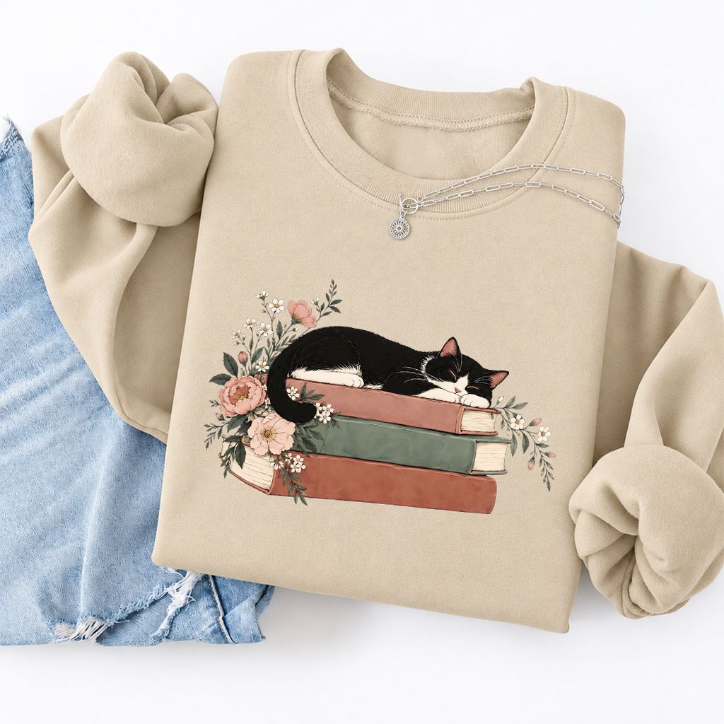 Sleeping Tuxedo Cat On Books Softstyle Sweatshirt | Cat Lover Reader Gift Sand