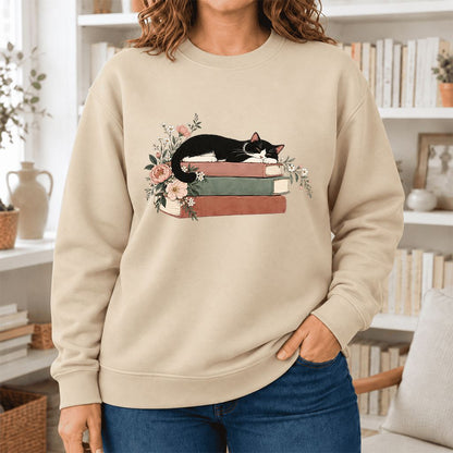 Sleeping Tuxedo Cat On Books Softstyle Sweatshirt | Cat Lover Reader Gift Sand