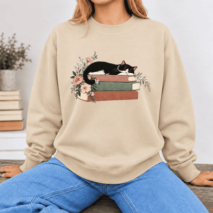 Sleeping Tuxedo Cat On Books Softstyle Sweatshirt | Cat Lover Reader Gift Sand