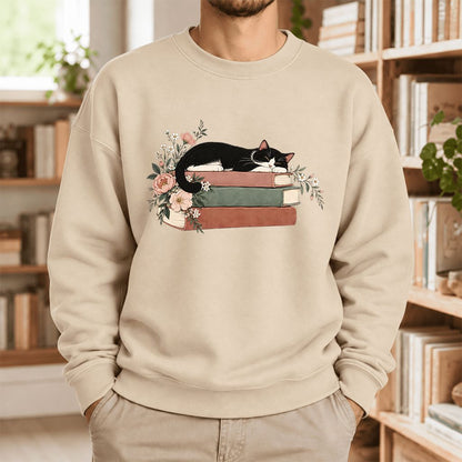 Sleeping Tuxedo Cat On Books Softstyle Sweatshirt | Cat Lover Reader Gift Sand