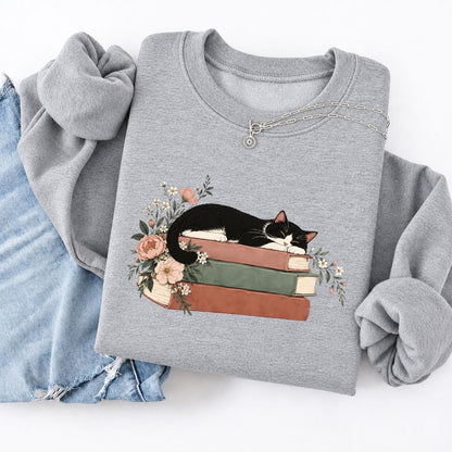 Sleeping Tuxedo Cat On Books Softstyle Sweatshirt | Cat Lover Reader Gift Sport Grey