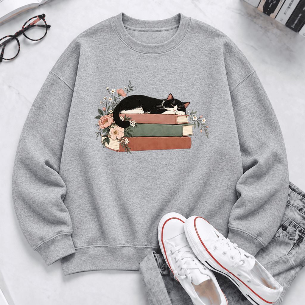 Sleeping Tuxedo Cat On Books Softstyle Sweatshirt | Cat Lover Reader Gift Sport Grey