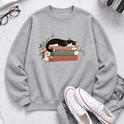 Sleeping Tuxedo Cat On Books Softstyle Sweatshirt | Cat Lover Reader Gift Sport Grey