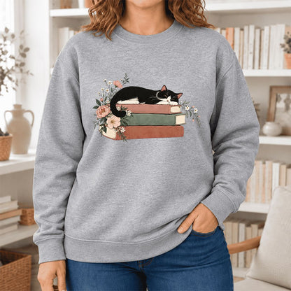 Sleeping Tuxedo Cat On Books Softstyle Sweatshirt | Cat Lover Reader Gift Sport Grey