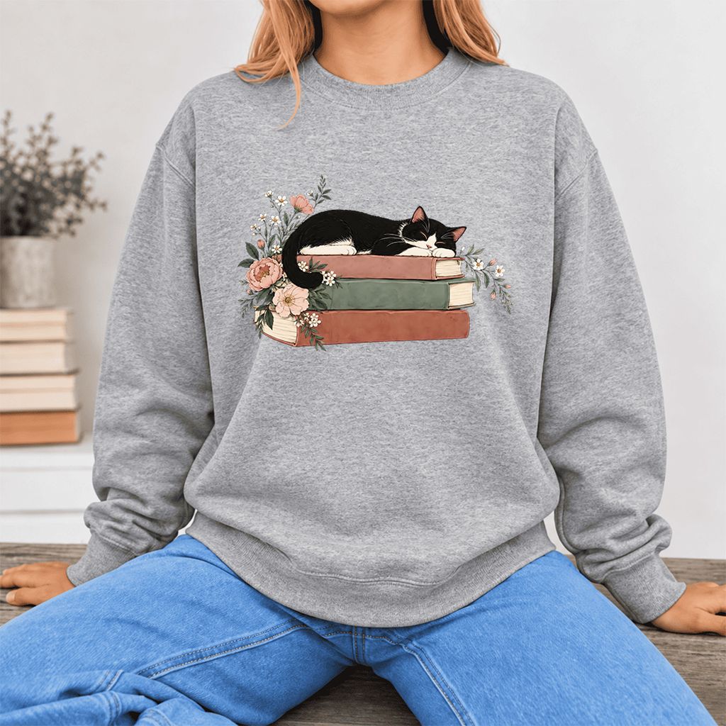 Sleeping Tuxedo Cat On Books Softstyle Sweatshirt | Cat Lover Reader Gift Sport Grey