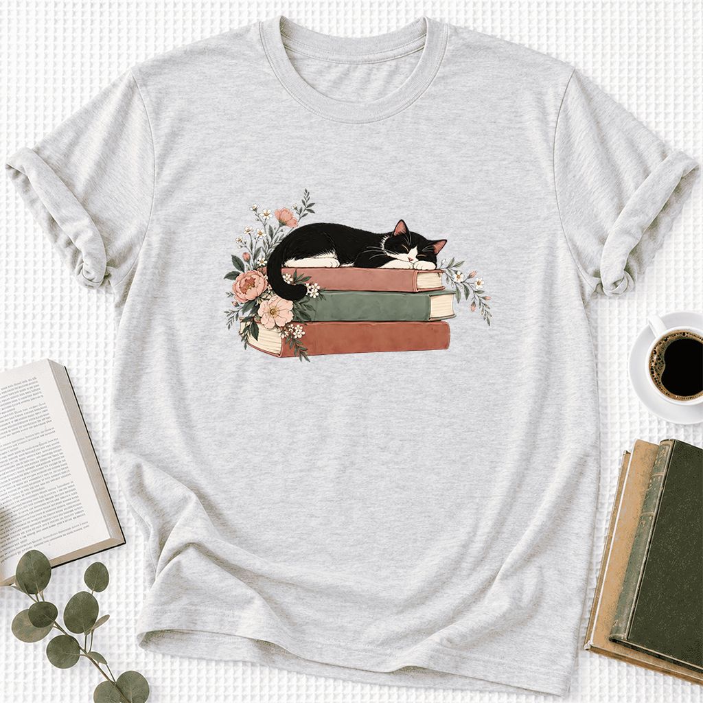 Sleeping Tuxedo Cat On Books Ultra-Soft Cotton T-Shirt | Cat Lover Reader Gift Ash