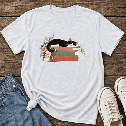 Sleeping Tuxedo Cat On Books Ultra-Soft Cotton T-Shirt | Cat Lover Reader Gift Ash