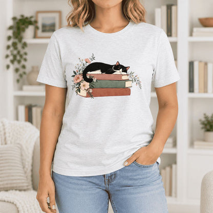 Sleeping Tuxedo Cat On Books Ultra-Soft Cotton T-Shirt | Cat Lover Reader Gift Ash