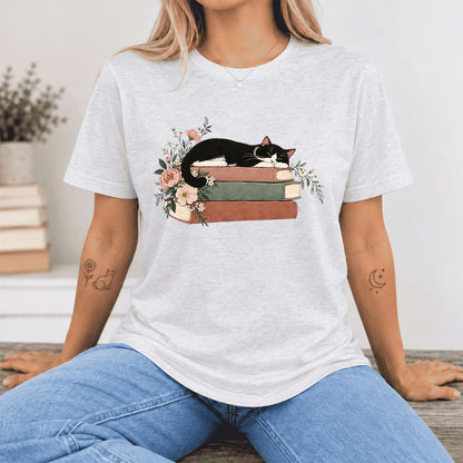 Sleeping Tuxedo Cat On Books Ultra-Soft Cotton T-Shirt | Cat Lover Reader Gift Ash