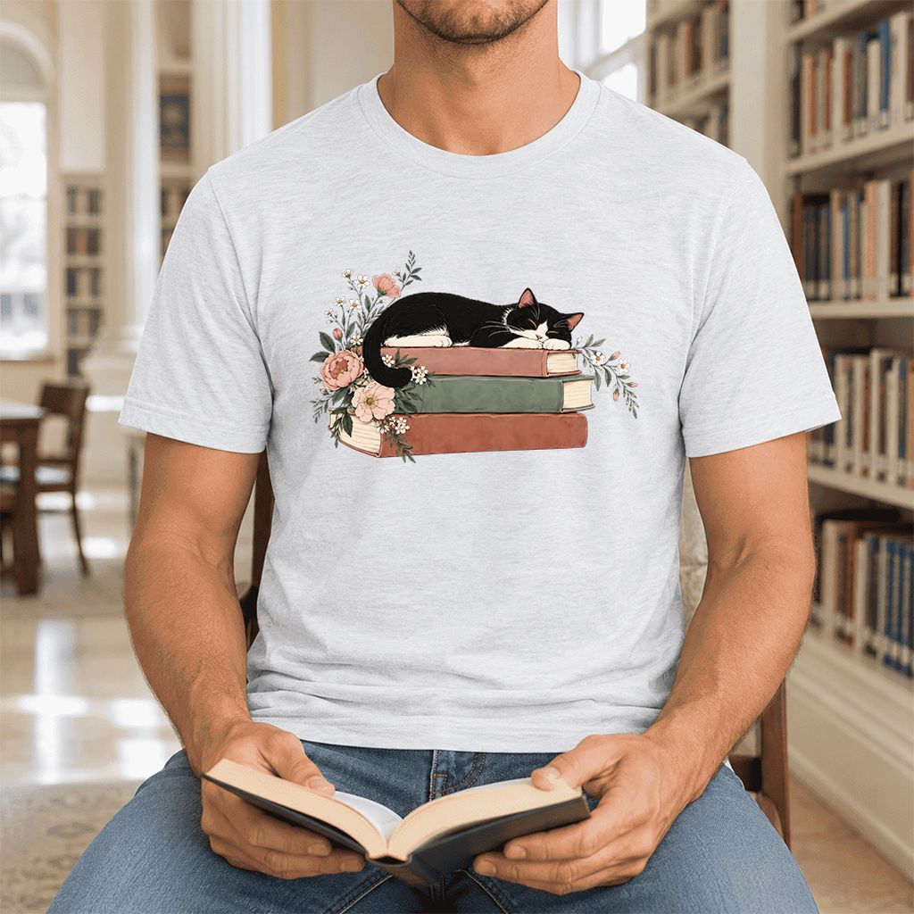 Sleeping Tuxedo Cat On Books Ultra-Soft Cotton T-Shirt | Cat Lover Reader Gift Ash