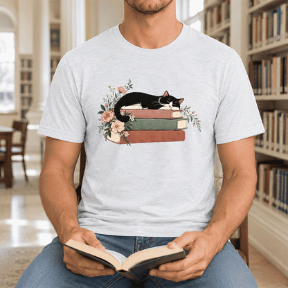 Sleeping Tuxedo Cat On Books Ultra-Soft Cotton T-Shirt | Cat Lover Reader Gift Ash