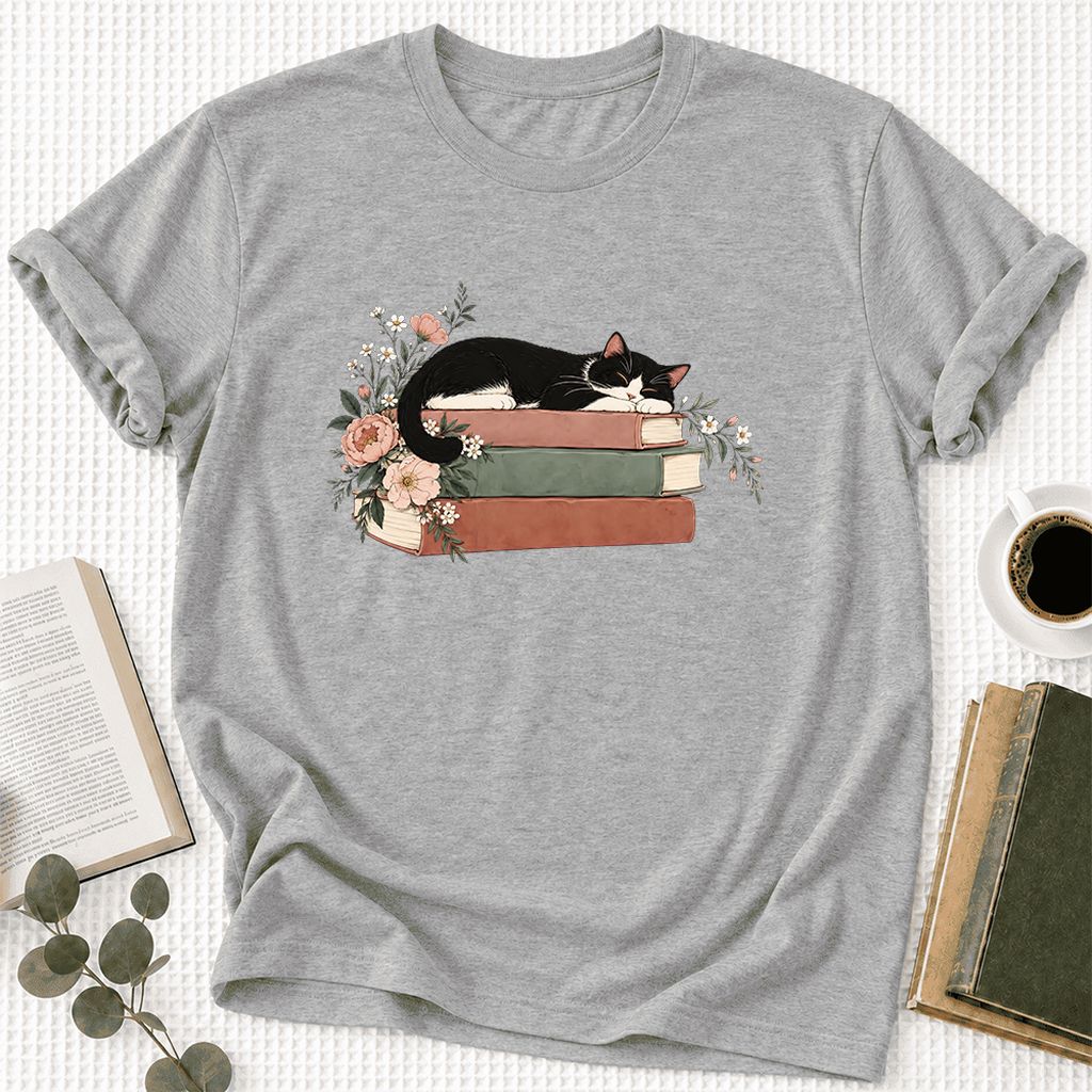 Sleeping Tuxedo Cat On Books Ultra-Soft Cotton T-Shirt | Cat Lover Reader Gift Athletic Heather