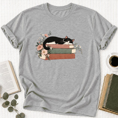 Sleeping Tuxedo Cat On Books Ultra-Soft Cotton T-Shirt | Cat Lover Reader Gift Athletic Heather