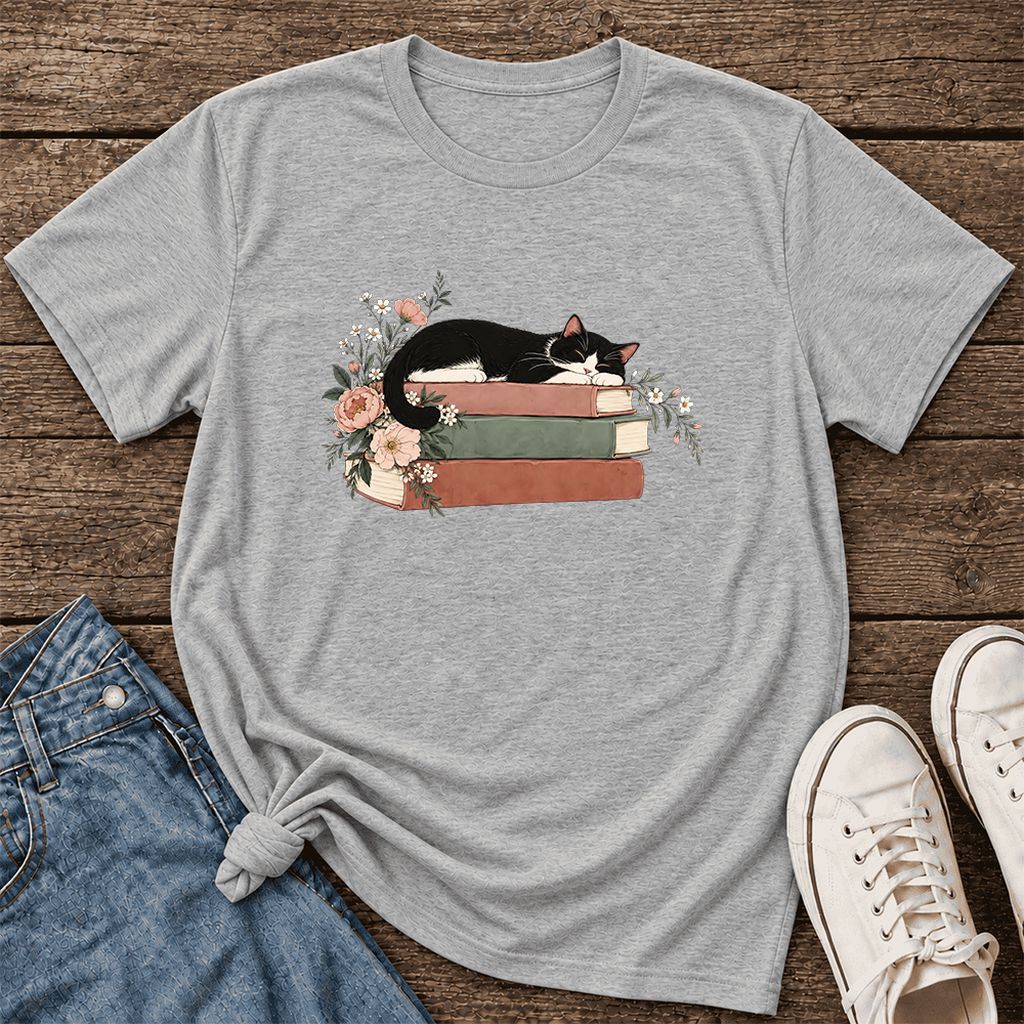 Sleeping Tuxedo Cat On Books Ultra-Soft Cotton T-Shirt | Cat Lover Reader Gift Athletic Heather