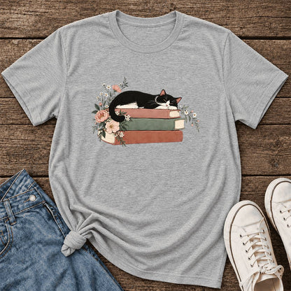 Sleeping Tuxedo Cat On Books Ultra-Soft Cotton T-Shirt | Cat Lover Reader Gift Athletic Heather