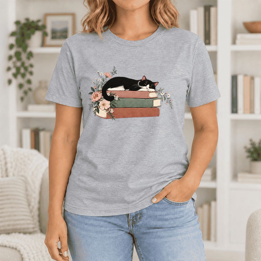 Sleeping Tuxedo Cat On Books Ultra-Soft Cotton T-Shirt | Cat Lover Reader Gift Athletic Heather